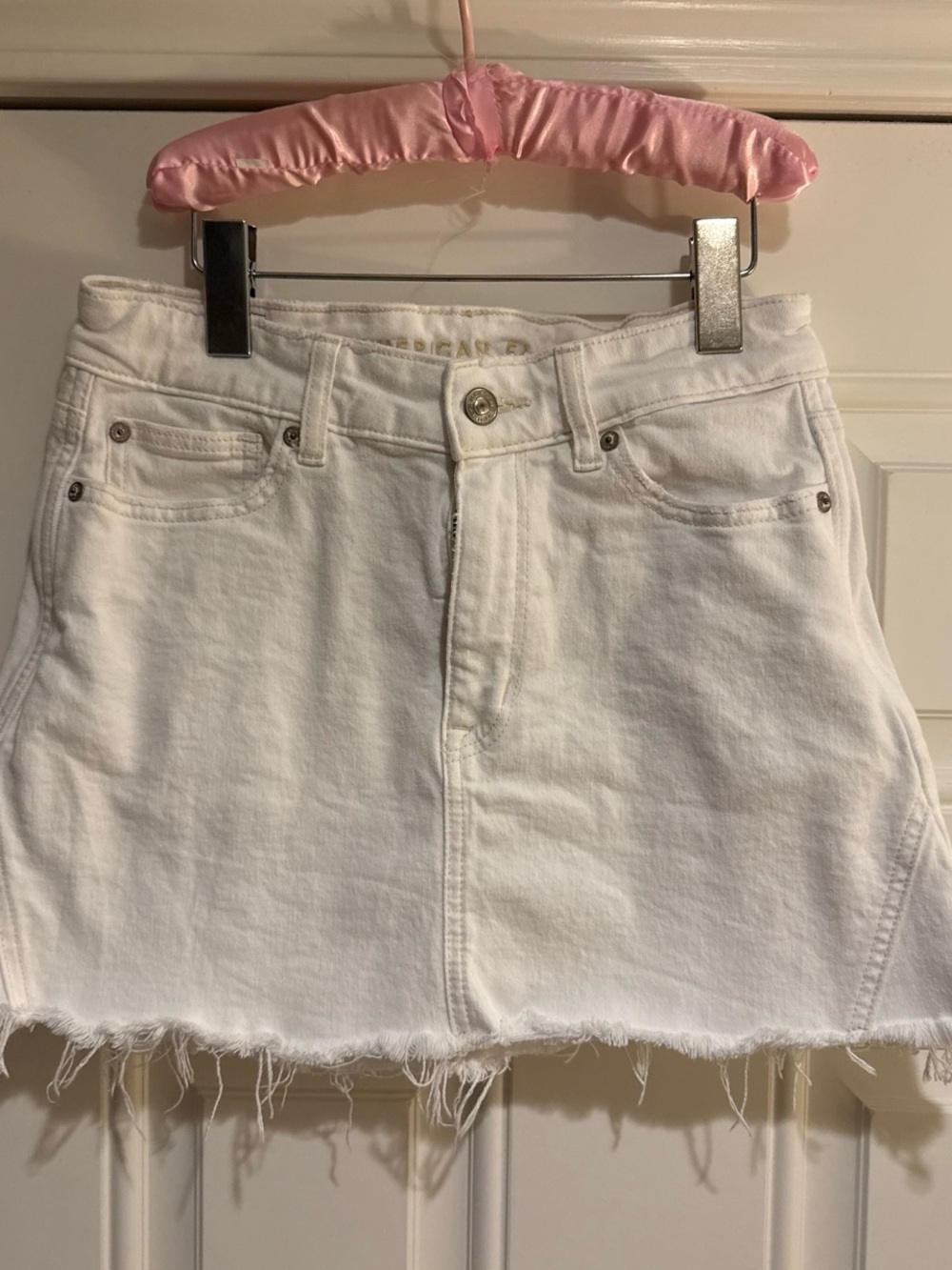 American Eagle Outfitters White Denim Mini Skirt with Frayed Hem
